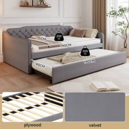 BTM 4ft6 Double Daybed Upholstered Sofa Bed Trundle Velvet Bed in Grey - thumbnail 9
