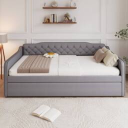 BTM 4ft6 Double Daybed Upholstered Sofa Bed Trundle Velvet Bed in Grey - thumbnail 3