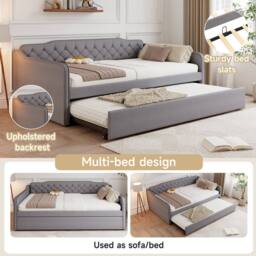 BTM 4ft6 Double Daybed Upholstered Sofa Bed Trundle Velvet Bed in Grey - thumbnail 8