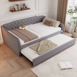 BTM 4ft6 Double Daybed Upholstered Sofa Bed Trundle Velvet Bed in Grey - thumbnail 2