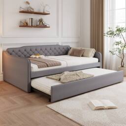 BTM 4ft6 Double Daybed Upholstered Sofa Bed Trundle Velvet Bed in Grey