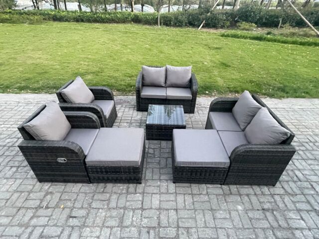 Fimous 8 Seater High Back Rattan Garden Furniture Set with Square Coffee Table Love Sofa Reclining Chair Indoor Outdoor Patio Lounge Sofa Set - image 1