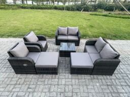 Fimous 8 Seater High Back Rattan Garden Furniture Set with Square Coffee Table Love Sofa Reclining Chair Indoor Outdoor Patio Lounge Sofa Set - thumbnail 1