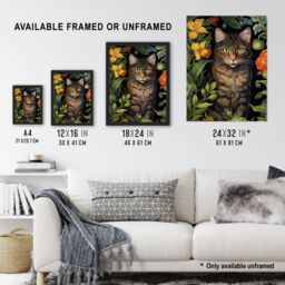 Artery8 Herbaceous Henry The Garden Tabby Cat Stylish Floral Flower Design Illustration Large Wall Unframed Art Poster Print Thick Paper 18X24 Inch - thumbnail 3