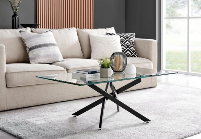 FurnitureboxUK Leonardo Rectangular Glass Coffee Table with Metal Angled Starburst Legs for Modern Living Rooms in Black - image 1