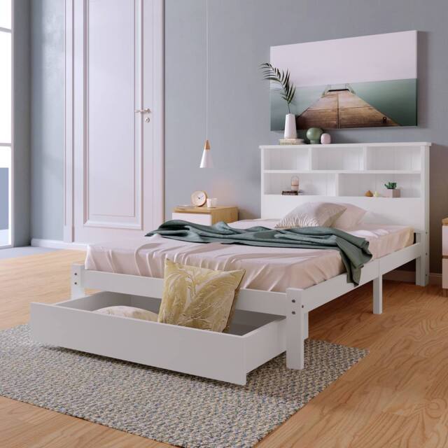Merax White Wooden Storage Bed Frame with Bookcase Headboard & Drawer - Size: Single - image 1