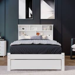 Merax White Wooden Storage Bed Frame with Bookcase Headboard & Drawer - Size: Single - thumbnail 2