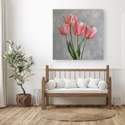 "Warren Reed - Designer Painted Pink Tulips Canvas - Size: W30"" x H30""" - thumbnail 1