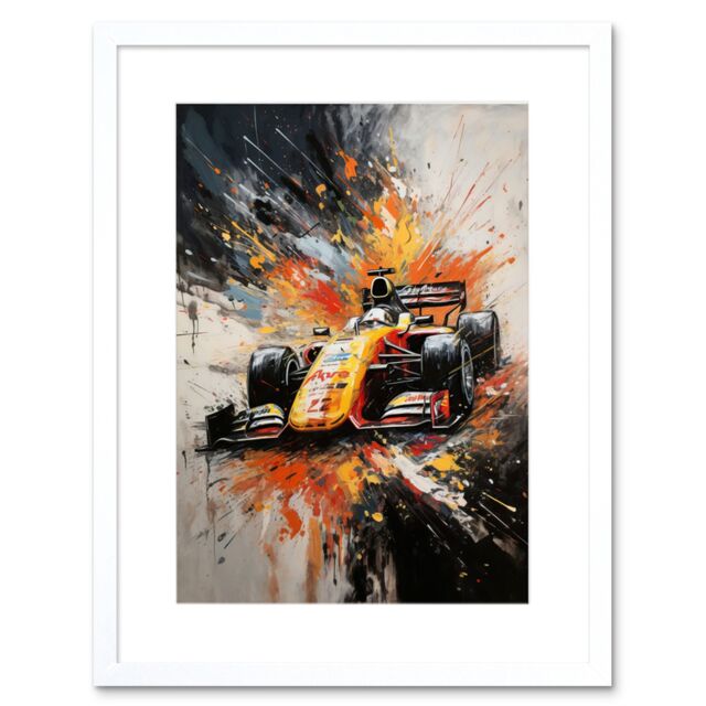 "Artery8 Wall Art Print Yellow Race Car Racing Scene Modern Spatter Artwork Framed 9X7 Inch in White - Size: W7"" x H9""" - image 1