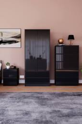 Home Discount Vida Designs Glinton 3Pc Bedroom Set(2Dr Bedside, 5Dr Chest, Wardrobe) in Black