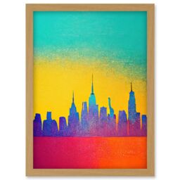Artery8 Bright Colourful Abstract New York Skyline Cityscape Yellow Blue Coral Turquoise Artwork Framed Wall Art Print A4 in Light Oak - thumbnail 1