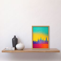 Artery8 Bright Colourful Abstract New York Skyline Cityscape Yellow Blue Coral Turquoise Artwork Framed Wall Art Print A4 in Light Oak - thumbnail 2