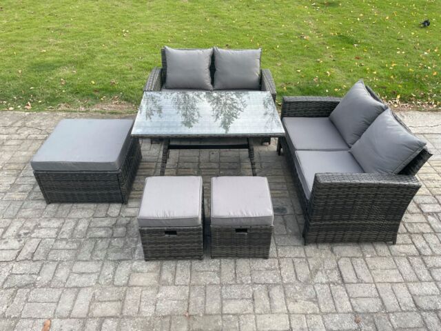 Fimous 7 Seater Garden Dining Set Wicker PE Rattan Outdoor Furniture Sofa with Rectangular Dining Table Double Seat Sofa 3 Footstools in Dark Grey - image 1