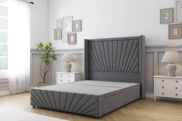 "Sloomy Rutherford Coniston Divan Base No Drawers-54"" Wing Headboard-Footboard in Dark Grey - Size: Super King" - image 1