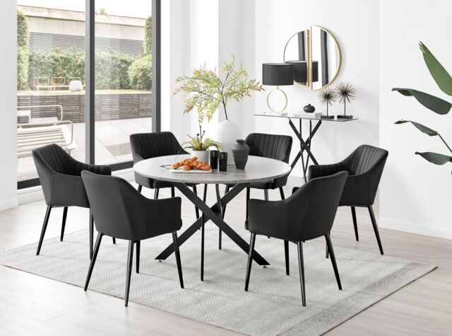 FurnitureboxUK Novara Grey Concrete Effect Black Leg 120cm Round Dining Table & 6 Calla Black Leg Chairs - image 1