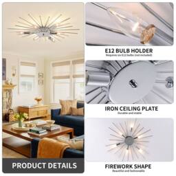 NIVOR 6 Light Sputnik Chandelier Dimmable Chrome Flush Mount Ceiling Lamp in Metallic Silver - thumbnail 8