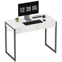 HOMCOM Modern Home Office Desk with High Gloss 2 Drawers Finish White Black - thumbnail 2