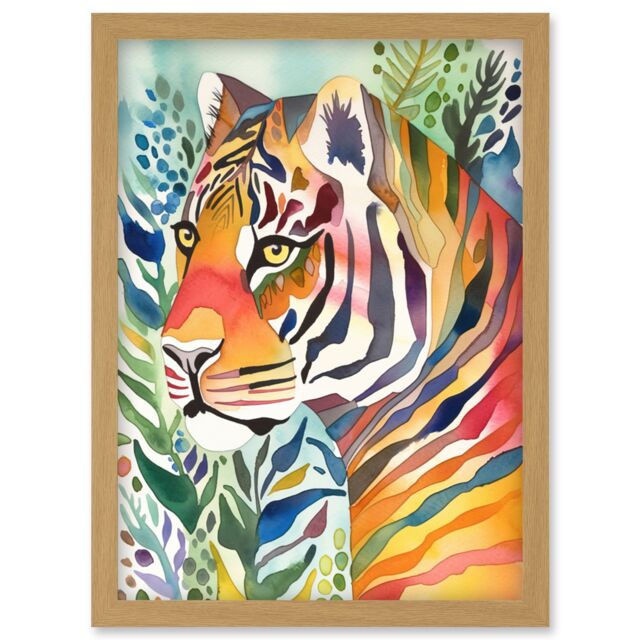 Artery8 The Hidden Tiger Folk Art Artwork Framed Wall Art Print A4 in Light Oak - image 1