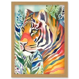 Artery8 The Hidden Tiger Folk Art Artwork Framed Wall Art Print A4 in Light Oak - thumbnail 1