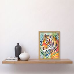 Artery8 The Hidden Tiger Folk Art Artwork Framed Wall Art Print A4 in Light Oak - thumbnail 2