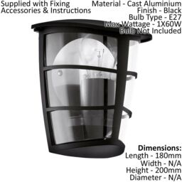 Loops IP44 Outdoor Wall Light Black Modern Lantern 1x 60W E27 Bulb Porch Lamp - thumbnail 2