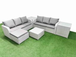 Fimous Outdoor Garden Furniture Sets 7 Seater Wicker Rattan Furniture Sofa Sets w/ Square Coffee Table high Back Lounge Sofa Big Footstool 2 Side - thumbnail 2