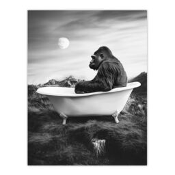 "Artery8 Gorilla Ape in Bathtub Black White Valley Surreal Wall Art Print in Grey - Size: W24"" x H32""" - thumbnail 1