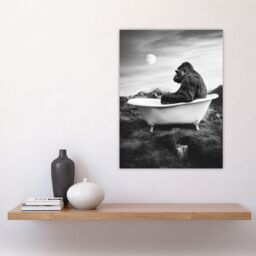 "Artery8 Gorilla Ape in Bathtub Black White Valley Surreal Wall Art Print in Grey - Size: W24"" x H32""" - thumbnail 4