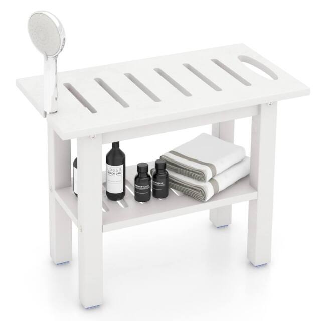 Gymax Shower Bench HDPE Bath Stool With Shower Head Holder & Storage Shelf in White - image 1