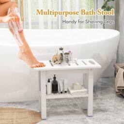 Gymax Shower Bench HDPE Bath Stool With Shower Head Holder & Storage Shelf in White - thumbnail 5