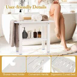 Gymax Shower Bench HDPE Bath Stool With Shower Head Holder & Storage Shelf in White - thumbnail 2
