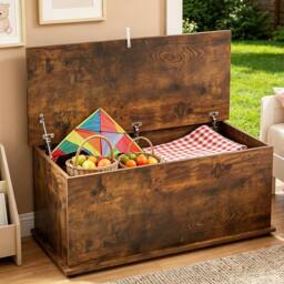 ERGOVEXA Rustic 113L Storage Chest & Shoe Bench with Safety Lid in Brown