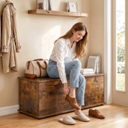 ERGOVEXA Rustic 113L Storage Chest & Shoe Bench with Safety Lid in Brown - thumbnail 4