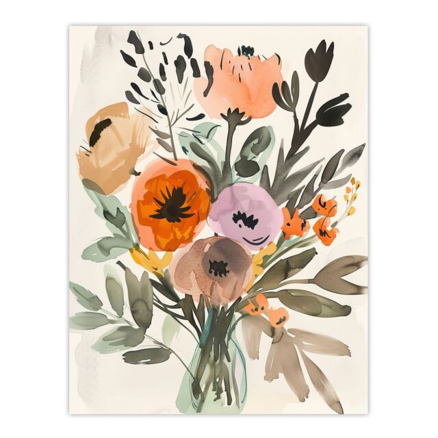 "Artery8 Flower Bouquet Vase Abstract Floral Watercolour Wall Art Print - Size: W18"" x H24""" - image 1