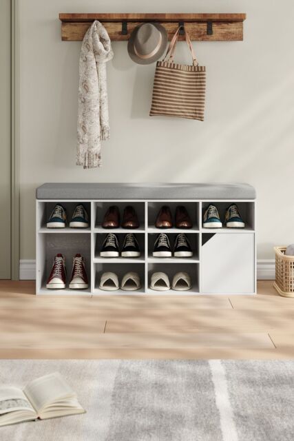 Living and Home White Shoe Changing Bench Storage Cabinet with Linen Cushion - image 1