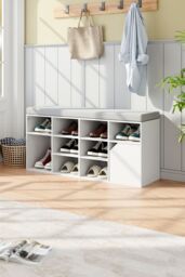 Living and Home White Shoe Changing Bench Storage Cabinet with Linen Cushion - thumbnail 2