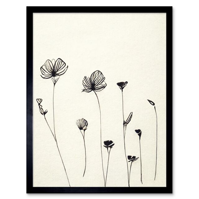 "Artery8 Wall Art Print Stylish Minimalist Flower Line Drawing With Black Ink Art Framed - Size: W12"" x H16""" - image 1