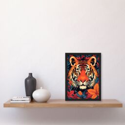 "Artery8 Wall Art Print Tangerine Tiger Artwork Bold Bright Amber Orange & Red On Teal Art Framed in Black - Size: W12"" x H16""" - thumbnail 4