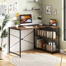 Costway L-shaped Computer Desk Reversible Corner Desk w/Adjustable Shelf-Coffee in Brown - thumbnail 2