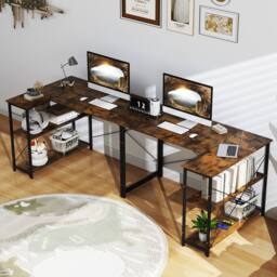 Costway L-shaped Computer Desk Reversible Corner Desk w/Adjustable Shelf-Coffee in Brown - thumbnail 3