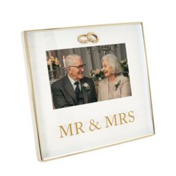 Happy Homewares Shiny Gold Mr & Mrs Square Frame with Diamante Rings - thumbnail 2