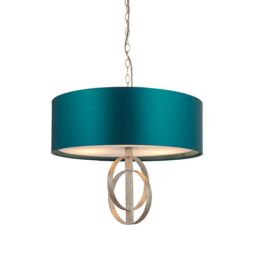 Loops Antique Silver Ceiling Pendant Light & Teal Satin Shade - 3 Bulb Hanging Fitting in Metallics