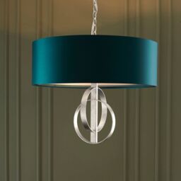 Loops Antique Silver Ceiling Pendant Light & Teal Satin Shade - 3 Bulb Hanging Fitting in Metallics - thumbnail 4