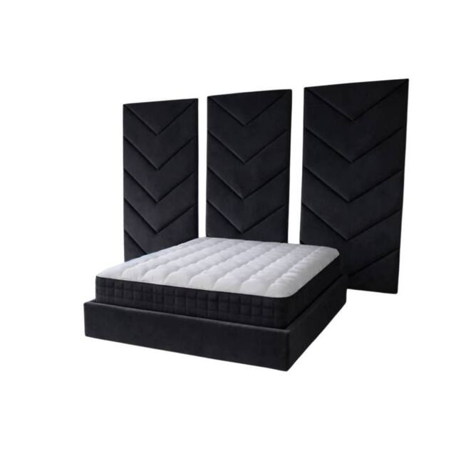 Stratus Interiors Optimus Velvet Bed Frame with Chevron Panel Headboard Set - Black - Size: Double - image 1