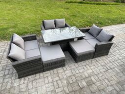 Fimous 8 Seater Wicker Rattan Garden Furniture Rising Table Set with 2 Big Footstool Double Seat Sofa Dark Grey Mixed - thumbnail 2