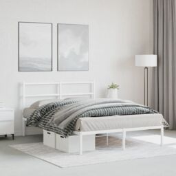 Berkfield Home Metal Bed Frame without Mattress with Headboard White 135x190cm - Size: 135x190 cm - thumbnail 3