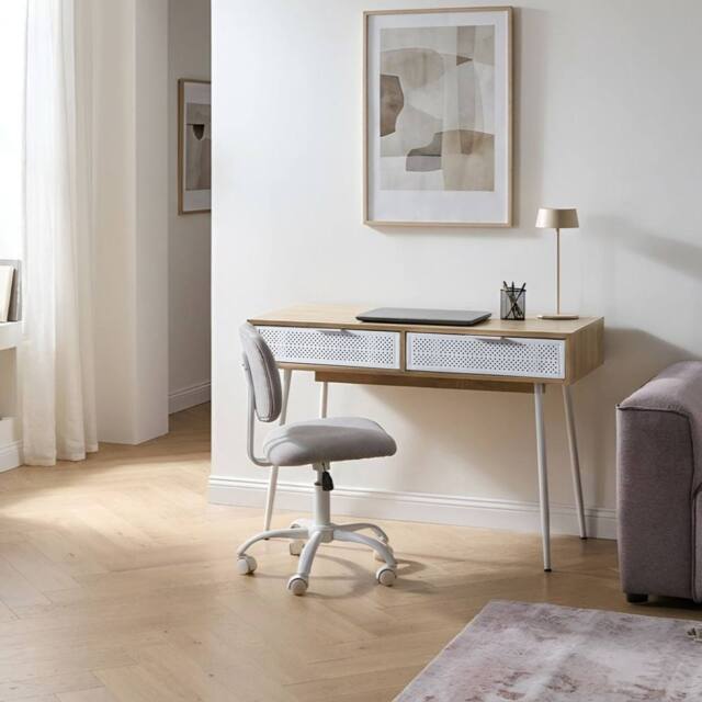 Wyld and Coco Office Desk Light Brown Wood-Effect Top with Two White Drawers - image 1