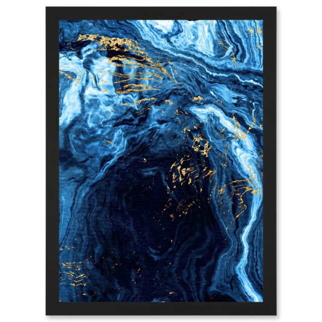 Artery8 Abstract Dark Blue Gold Flow Watercolour Modern Artwork Framed Wall Art Print A4 in Black - image 1