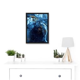 Artery8 Abstract Dark Blue Gold Flow Watercolour Modern Artwork Framed Wall Art Print A4 in Black - thumbnail 2