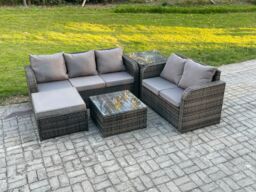 Fimous PE Rattan Garden Furniture Sets 6 Seater Outdoor Lounge Sofa Set Square Coffee Table Big Footstool Side Table in Dark Grey - thumbnail 2